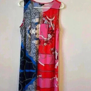 MSK Sleeveless Baroque Print 3-Ring Dress. Blue/Coral/Red Abstract Size Medium